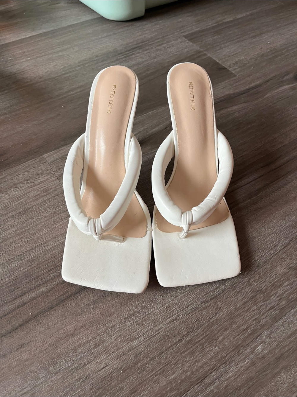 PrettyLittleThing White Knotted Square-Toe Thong Heels